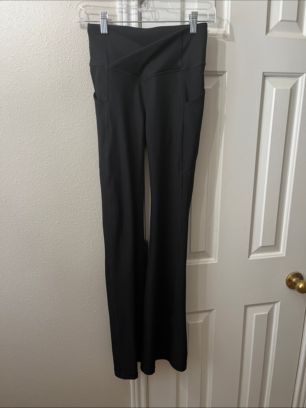 Fabletics Black Ribbed Flare Leggings with V-Waistband